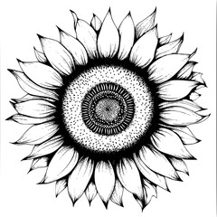Detailed Black and White Sunflower Illustration
, Hand-drawn detailed illustration of a sunflower in black and white, suitable for prints and design elements.