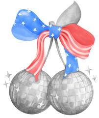 Groovy 4th of July Watercolor Illustration Disco Ball with Stars and Stripes Ribbon Bow