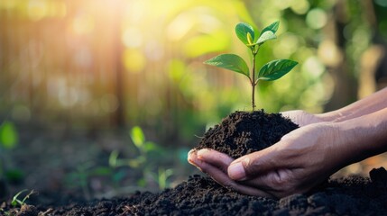 Hands holding a small plant ready to be placed in the ground, designed with a clear, unoccupied area for text insertion, symbolizing Earth Day's focus on nurturing and growth