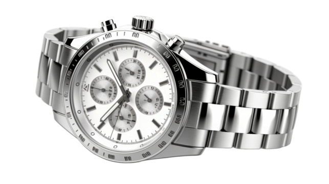 Stylish Silver Watch With White Dial on Bracelet. On a White or Clear Surface PNG Transparent Background.