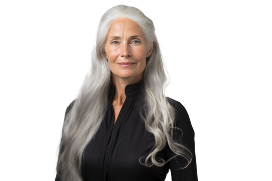 Non-binary person with long white hair wearing a black evening dress,Isolated on a transparent background.