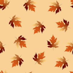 Autumn seamless bright pattern with maple multi-colored leaves on a beige background.