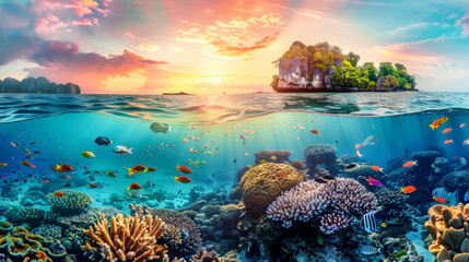 A shot underwater showcasing a vibrant coral reef with an island visible in the distance - obrazy, fototapety, plakaty