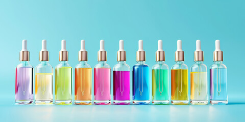 A rainbow selection of essential oil bottles with dropper tops, on a pastel blue background.