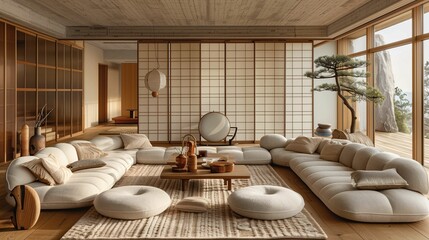Fototapeta na wymiar Elegant Japanese-Inspired Living Room with Modern Furniture
