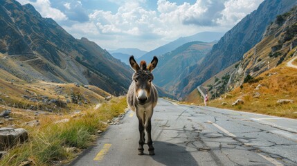 Funny donkey on Trans fagarasan road in Romanian mountains AI generated - obrazy, fototapety, plakaty