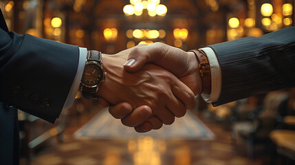 Close-up shot of a businessman's hand meeting the hand of his attorney in a strong, confident handshake, solidifying their commitment to a crucial contract - obrazy, fototapety, plakaty