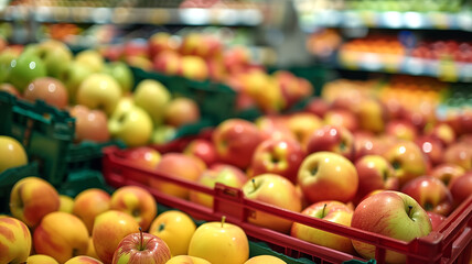 A closeup shot of fruit displays in grocery stores, featuring rows and columns filled with green...