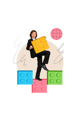 Creative drawing collage picture of excited funny schoolboy hold lego block celebrate victory build attention concentration solution