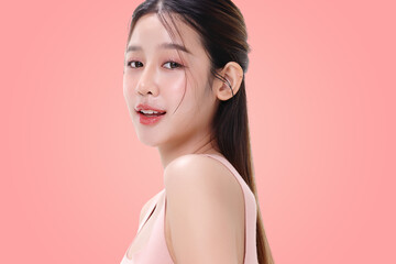 Close-up portrait of young Asian beautiful woman with K-beauty make up style and healthy and...