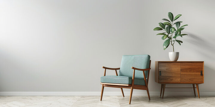  modern interior design in the Scandinavian style with a light teal armchair and walnut sideboard against a white wall, midcentury furniture,