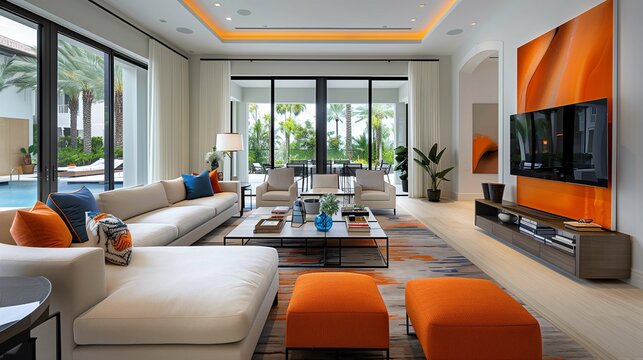 Modern Living Room Interior with Pool View