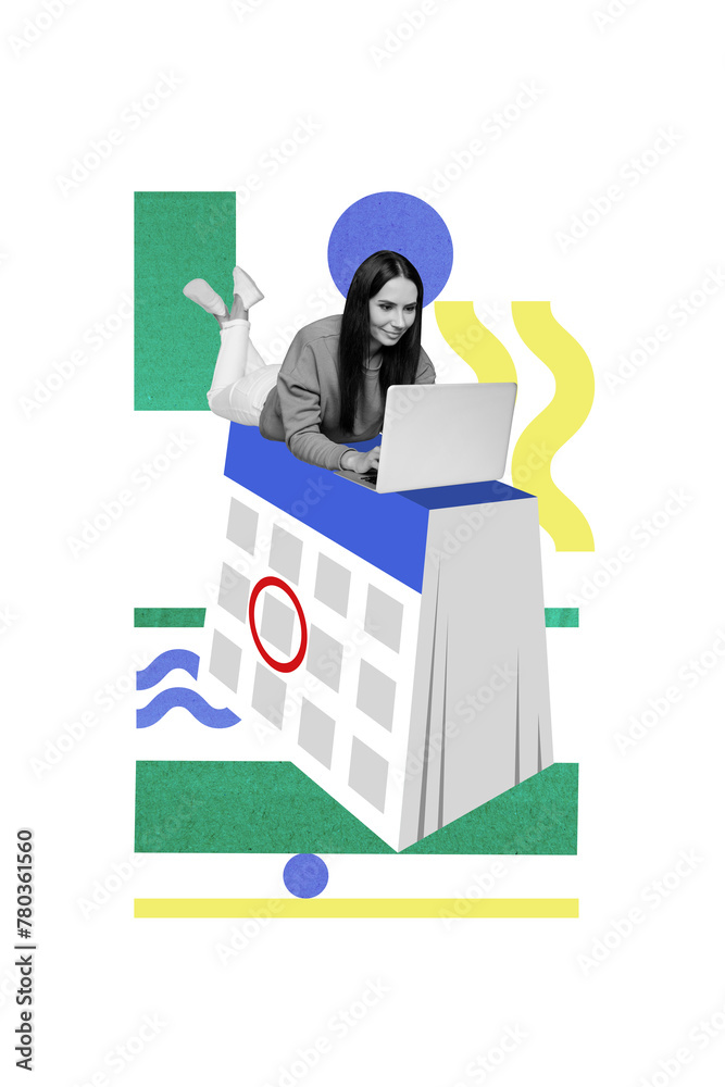 Poster vertical creative photo 3d collage of optimistic beautiful girl on remote distance work typing email