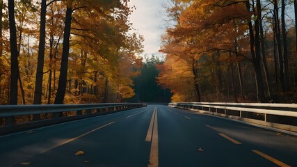 Fototapeta premium Driving Through the Enchanted Forest, Exploring the Autumnal Road Through the Woodlands, Journeying Along the Forest Road in Fall, Embracing the Tranquility of Autumn in the Woods, Navigating 