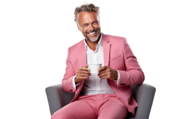 Middle-aged man sitting and sipping coffee Wear a smart colored suit warm smile Casual atmosphere .Isolated on transparent background.