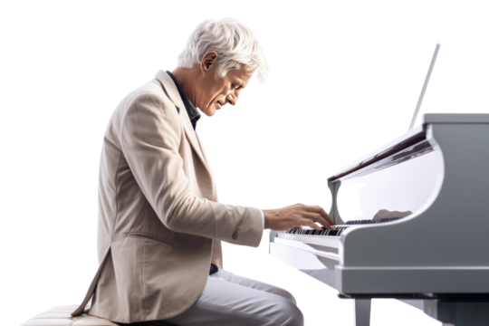 Middle-aged man with white hair Playing the piano, attractive.Isolated on transparent background.