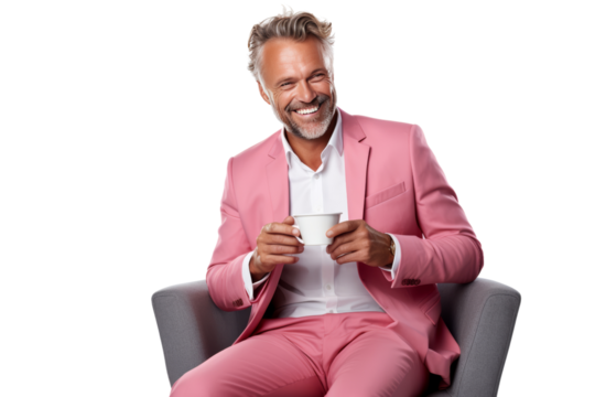 Middle-aged man sitting and sipping coffee Wear a smart colored suit warm smile Casual atmosphere .Isolated on transparent background.