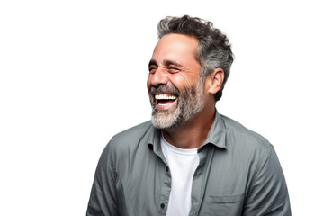 Fototapeta premium Middle-aged man making jokes Warm, relaxing atmosphere, Isolated on a transparent background.