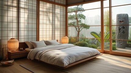 Traditional Japanese Bedroom with Garden View - obrazy, fototapety, plakaty