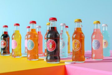 A vibrant collection of retro soda bottles with colorful labels on a multi-colored geometric background. - obrazy, fototapety, plakaty