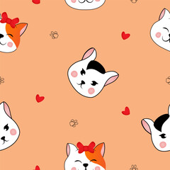 Seamless pattern with many different  red and black and white heads of cats on orange background. Vector illustration for children.