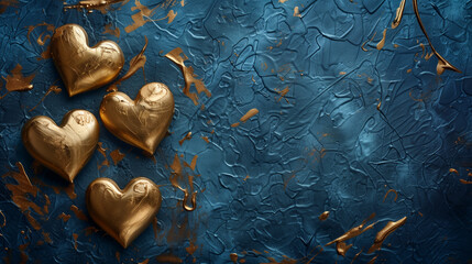 Golden Hearts on Cracked Blue Texture Representing Fragile Love