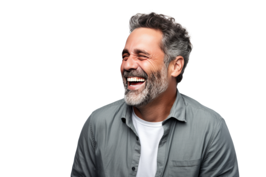 Middle-aged man making jokes Warm, relaxing atmosphere, Isolated on a transparent background. - Powered by Adobe