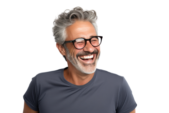 Middle-aged man making jokes Warm, relaxing atmosphere, Isolated on a transparent background.