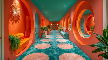 Modern Hallway with Vibrant Orange Arches and Retro Decor