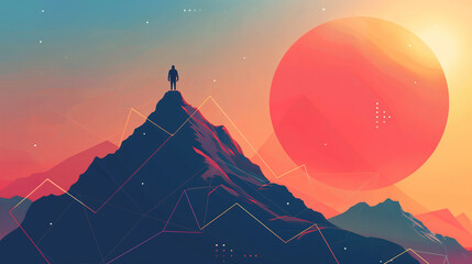 Man Standing on Mountain Peak with Giant Red Sun Digital Art