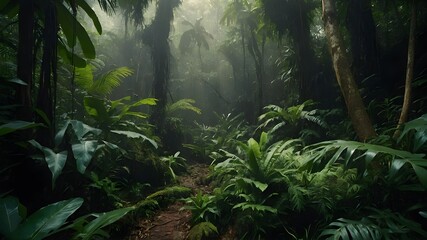 Exploring the Verdant Rainforest at Dawn, Tranquil Morning Scenes in the Rainforest, Morning Light Illuminating the Rainforest Canopy, Morning Walks Through the Serene Rainforest Landscape, Early Morn