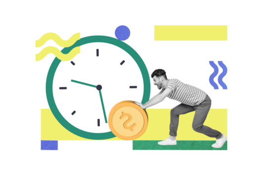 Creative photo collage of young funny man trying hard pushing money coin savings earn more dollars deadline no time isolated on pink color background