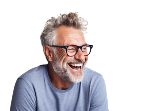 Middle-aged man making jokes Warm, relaxing atmosphere, Isolated on a transparent background.
