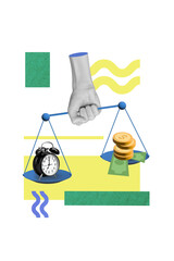 Vertical collage picture of black white gamma arm hold scales weigh compare bell ring clock money coins banknotes isolated on painted background