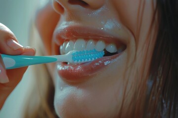 A woman is brushing her teeth with a blue toothbrush