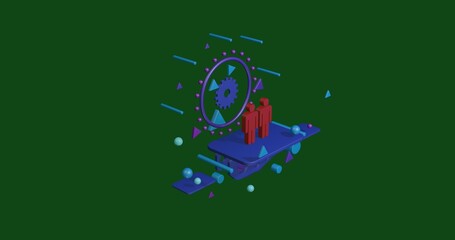 Red man with man symbol on a pedestal of abstract geometric shapes floating in the air. Abstract concept art with flying shapes in the center. 3d illustration on green background