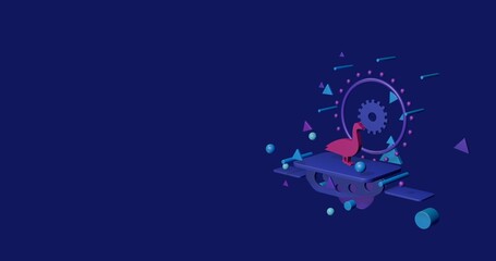 Pink goose symbol on a pedestal of abstract geometric shapes floating in the air. Abstract concept art with flying shapes on the right. 3d illustration on indigo background