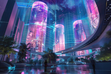 Futuristic cityscape with illuminated skyscrapers at night.