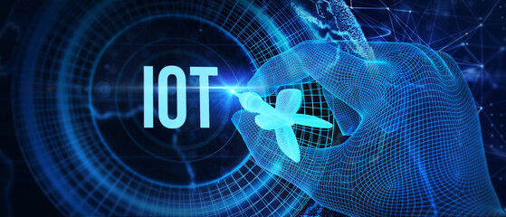 Internet of things - IOT concept. Businessman offer IOT products and solutions. The future of technology. Virtual screen of the future with the inscription: IOT. 3d illustration