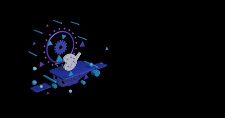 White palette symbol on a pedestal of abstract geometric shapes floating in the air. Abstract concept art with flying shapes on the left. 3d illustration on black background