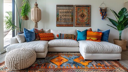 Bohemian Style Living Room Interior with Colorful Accents