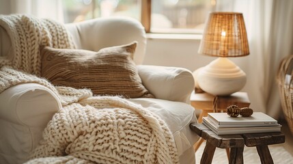 Cozy Living Room Corner with Knitted Blanket and Rustic Decor