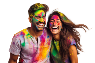 Indian couples dress up in this outfit on Holi to create a splash of color. Isolated on transparent background.