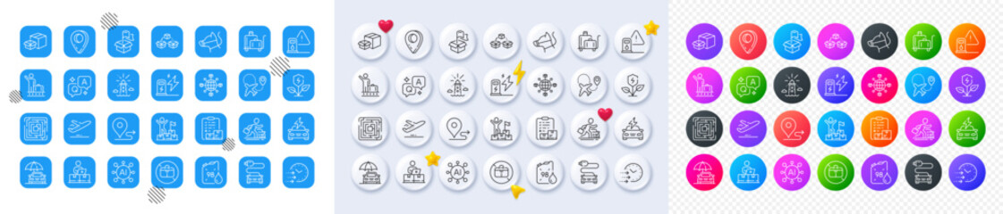 Maze, Packing boxes and Delivery location line icons. Square, Gradient, Pin 3d buttons. AI, QA and map pin icons. Pack of Journey, No handbag, Parcel shipping icon. Vector