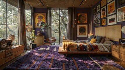 Fototapeta premium Stylish Retro Bedroom Interior with Large Window and Artwork
