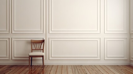 Neutral tone room interior mockup with wooden chair and wall paneling for elegant design inspiration