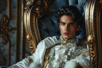 attractive masculine dark hair, blue eyes young man, he is  prince or king  with sensitive gaze, wearing crown, sitting on the throne, fictional character, romantic, fantasy historical book