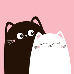 White and black cat set. Love couple hugging kittens. Cute cartoon funny kitty character. Kawaii animal in love. Happy Valentines Day. Greeting card. Flat design. Pink background Vector illustration