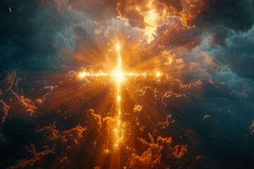 A golden cross is lit up by the sun, creating a warm and inviting atmosphere
