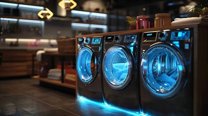 3D rendering of two futuristic washing machines with holographic displays and blue lights - obrazy, fototapety, plakaty